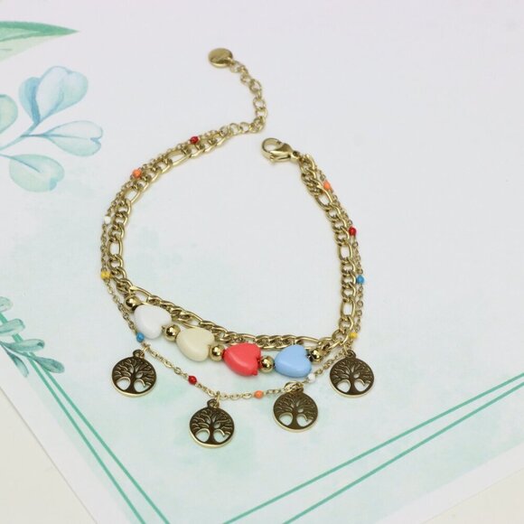 Trendy Yellow Gold Plated Heart & Tree Charm Bracelet for Women, XPBL0652 - Picture 3 of 12